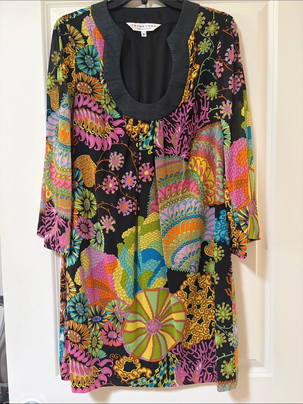 Trina Turk Black Multicolor Floral Paisley Scoop-Neck Dress